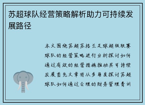 苏超球队经营策略解析助力可持续发展路径